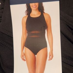 Lands' End Black Mesh Detail One Piece Swimsuit